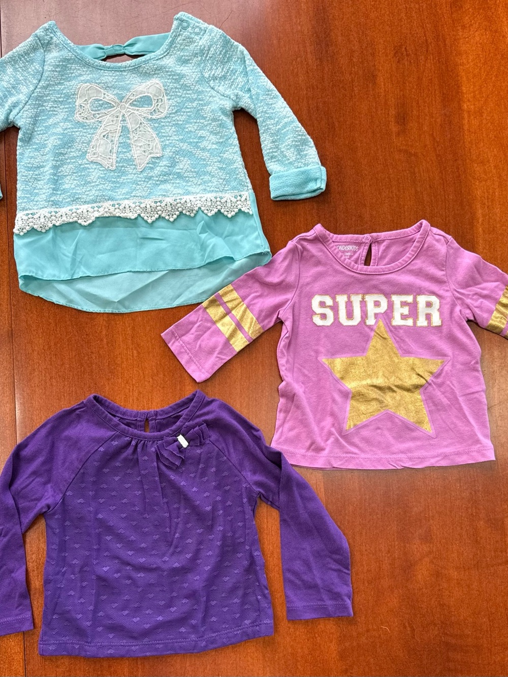 WonderKids Baby Girl 12M Top Lot 3 Piece Long Sleeve Purple Pink Aqua Shirts
